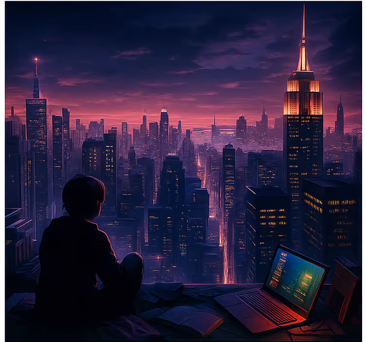 Futuristický pohled hráče na skyscaperu Roleta Geek - TenStickers