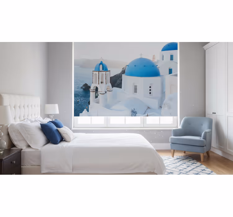 Roleta ložnice santorini bílé a modré domy oceán - TenStickers