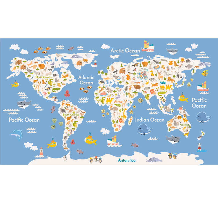 Bílá fauna pro děti mapa světa roleta - TenStickers
