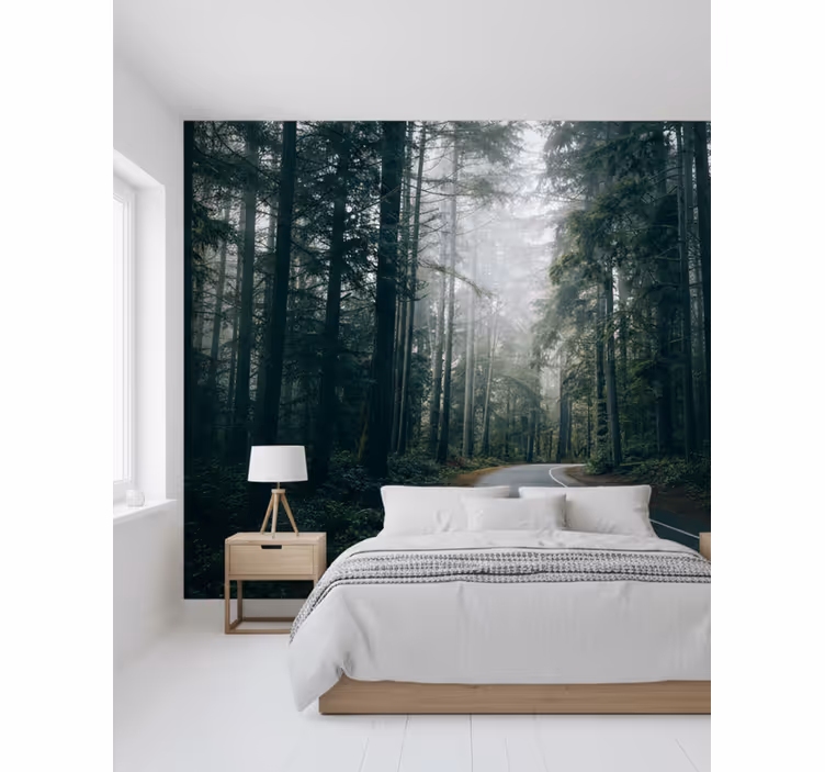 Lesní fototapeta mlžná borová cesta - TenStickers