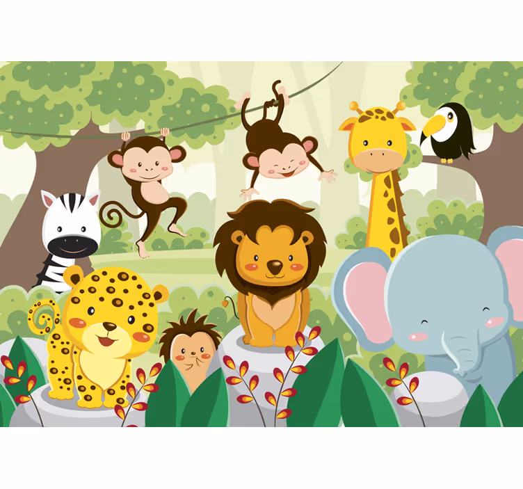 Divoká zvířata v nástěnných malbách pro děti v džungli - TenStickers