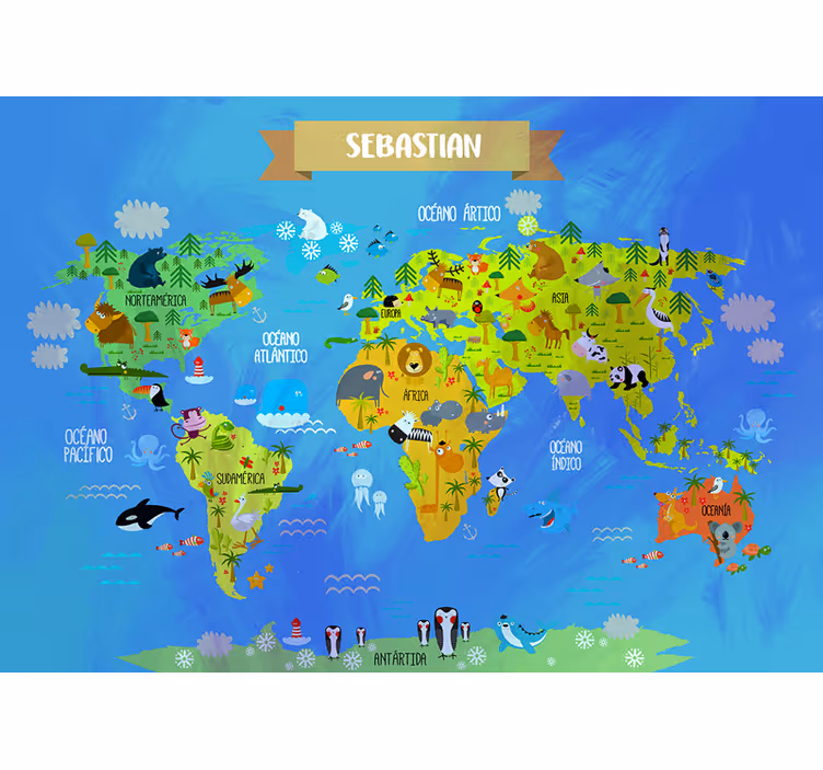 Fototapeta mapa světa se zvířaty - TenStickers