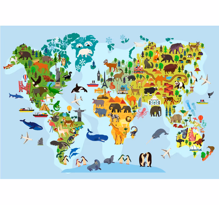 Světová mapa dětí s památkami a zvířaty - TenStickers