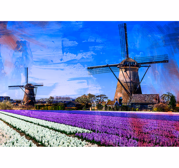 Větrné mlýny na tulipánovém poli Fototapeta pro město a zemi - TenStickers