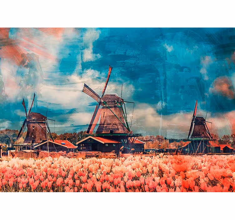 Tulipánová pole a větrné mlýny Fototapeta pro město a zemi - TenStickers