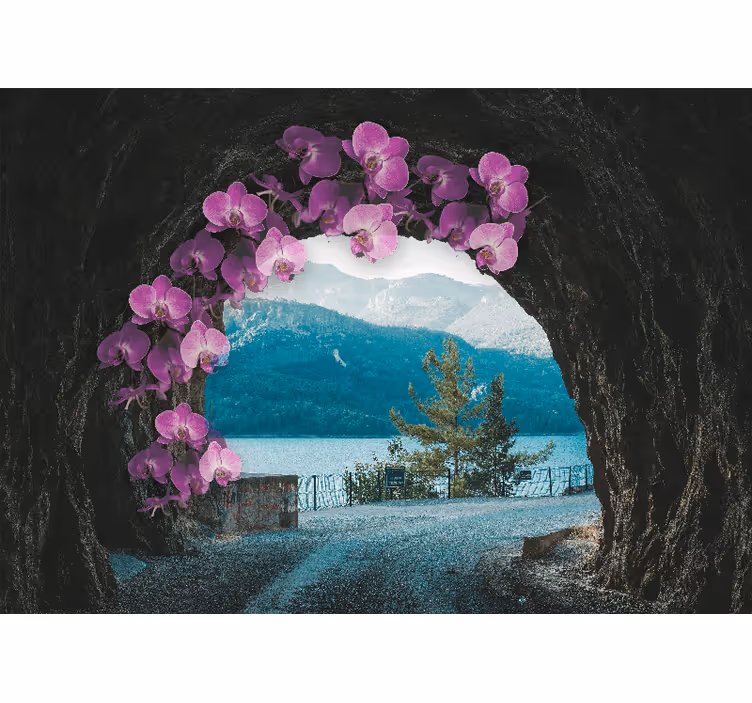 Orchideje rámující krajinu Fototapeta květiny - TenStickers