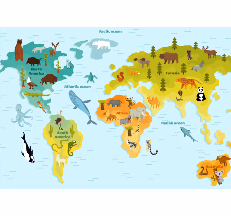 Mapa světa fototapeta prozkoumávaná zvířaty - TenStickers