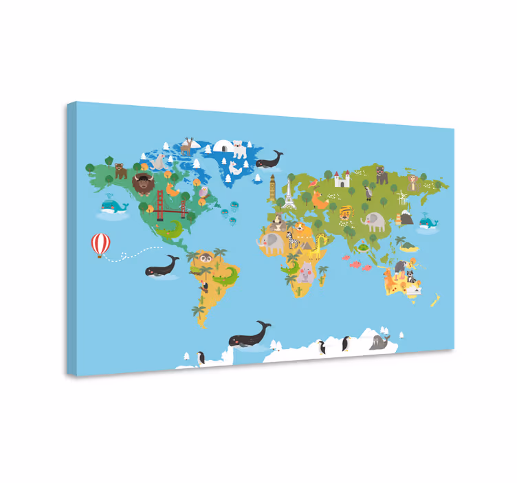 Kreslené zvířata mapa světa obraz - TenStickers