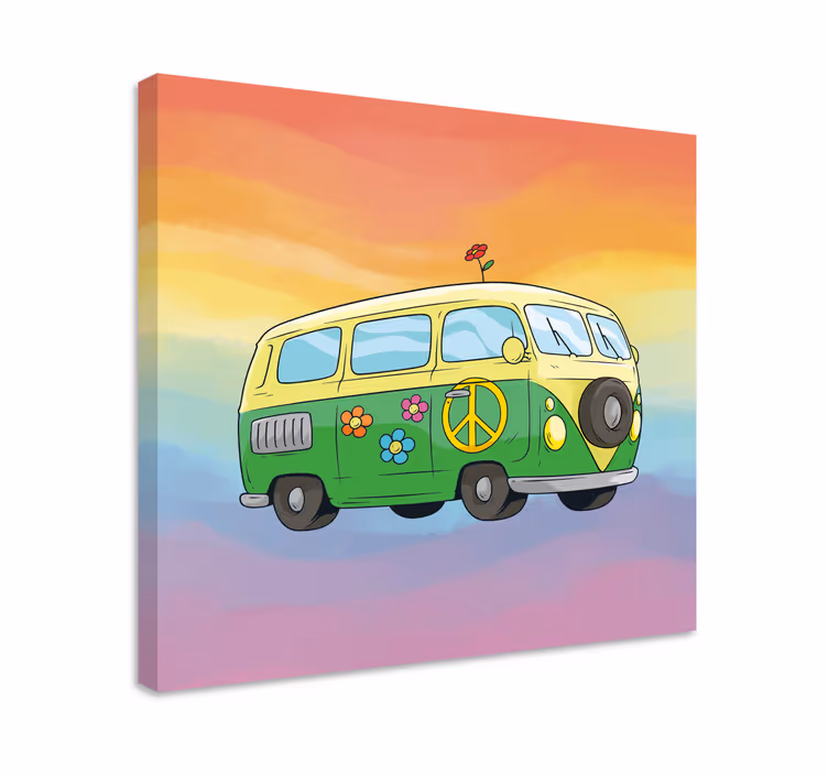 Kreslený hippie vůz s duhovým retro plátnem - TenStickers