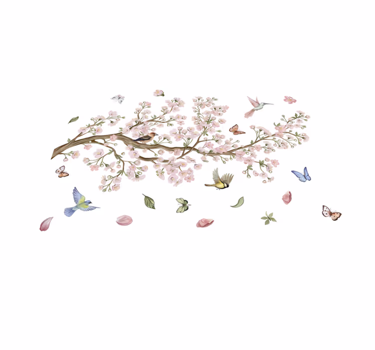 Vinylový koberec s květinami a rostlinami sakura s ptáky - TenStickers