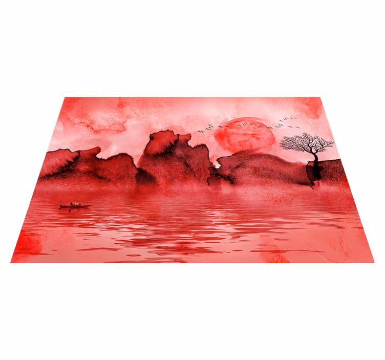 Červený vinylový koberec s čínskou inkoustovou krajinou - TenStickers