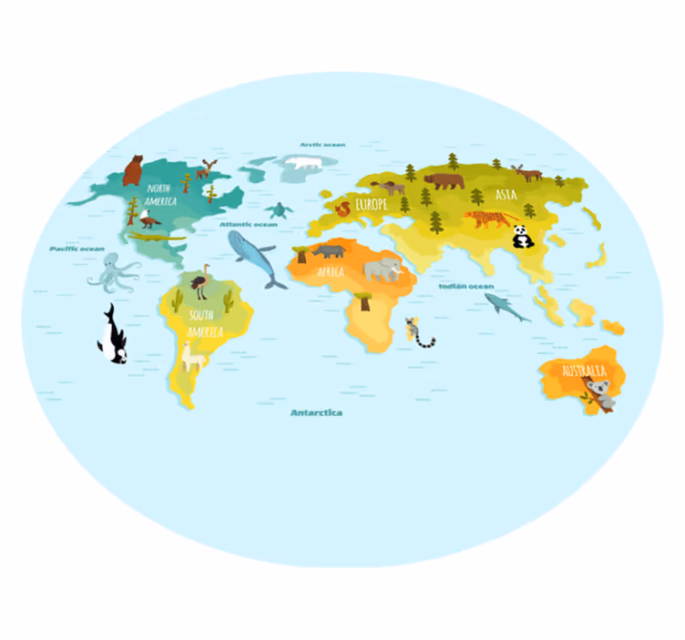 Ilustrovaná mapa zvířat Vinylový koberec z celého světa - TenStickers
