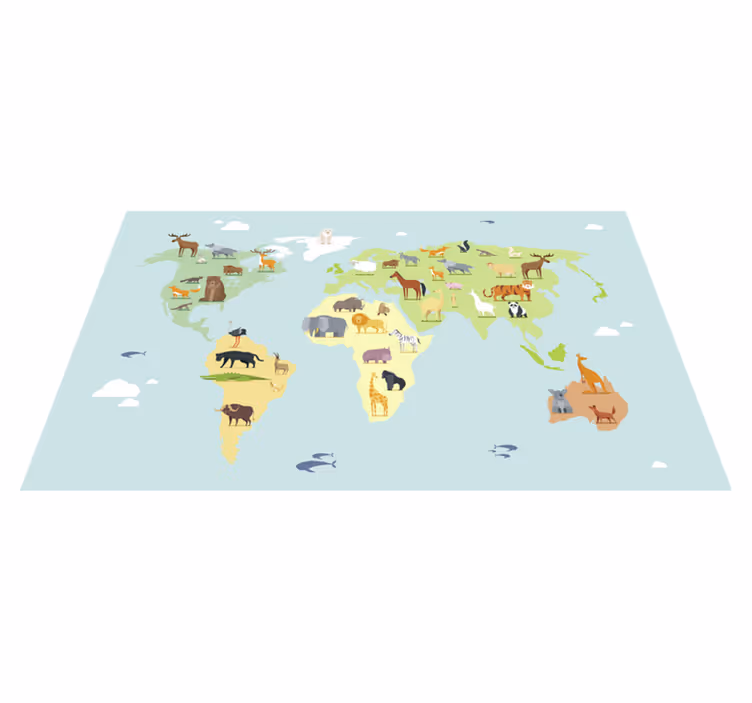 Barevná zvířata z kontinentu mapa světa koberec - TenStickers