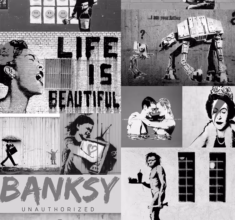 Umění tapeta banksy - šedá koláž - TenStickers