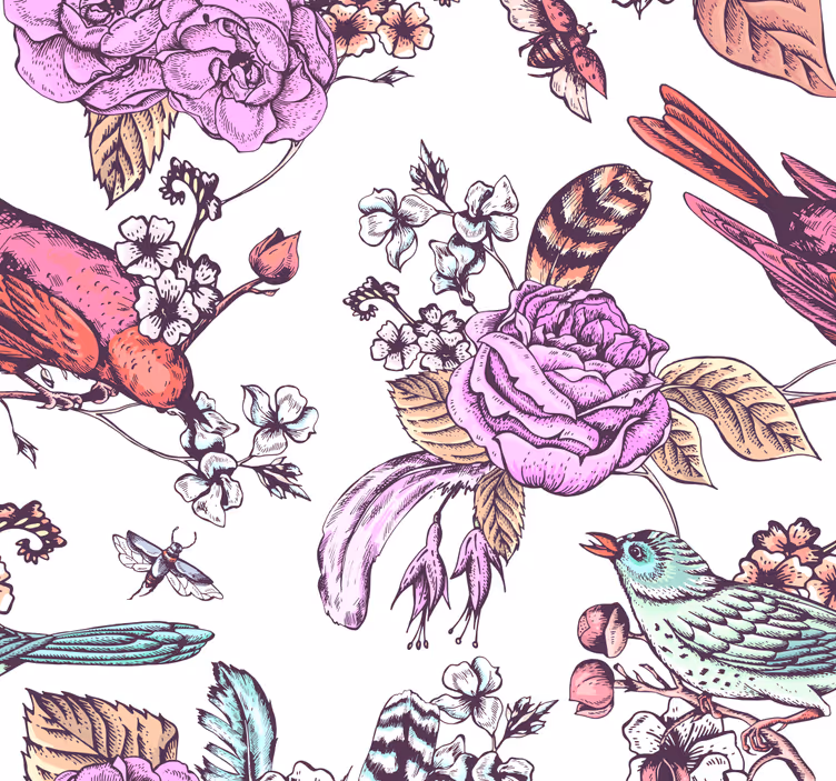 Květinový design ptáků Květinový ornament tapeta - TenStickers