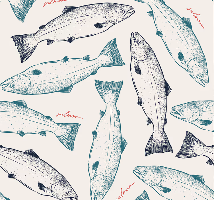 Handdrawn lososí ryby vzor zvířecí tapeta - TenStickers