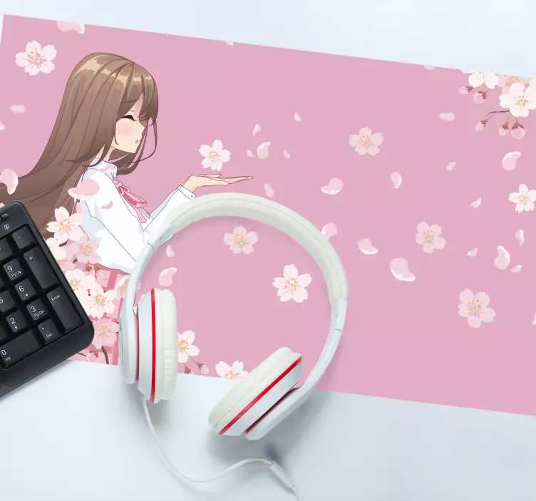 Růžové vlasy postava s květinami anime podložka pod myš - TenStickers