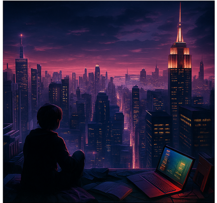 Futuristický pohled hráče na skyscaperu Roleta Geek - TenStickers