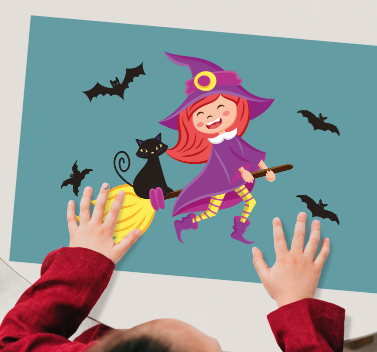 čarodějnice létající s halloween prostírání černá kočka - TenStickers
