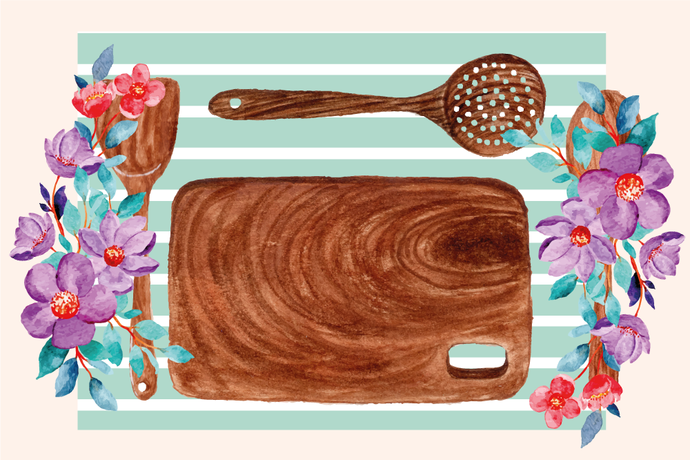 Dřevěné nádobí s květinami s texturou prostírání - TenStickers