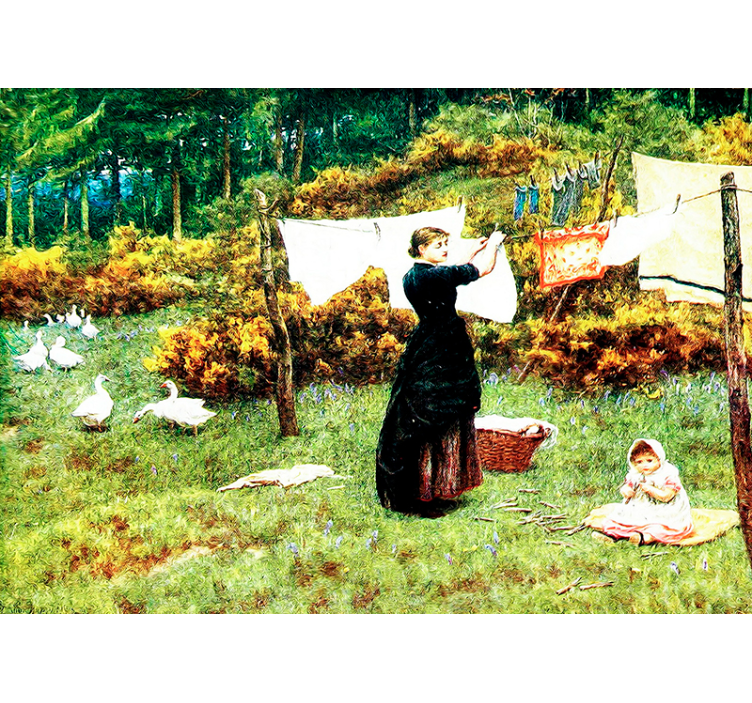 žena věší prádlo Klasické foto art tapeta - TenStickers