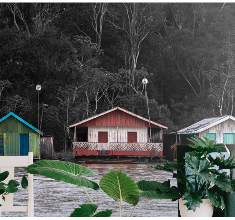 Barevné domy u řeky Fototapeta - TenStickers