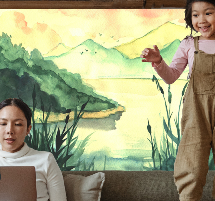 Klidná krajina s ručním kreslením Fototapeta jezero - TenStickers