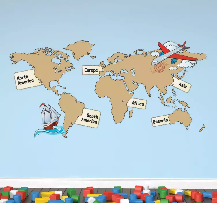Mapa světa s nálepkami kontinentů - TenStickers