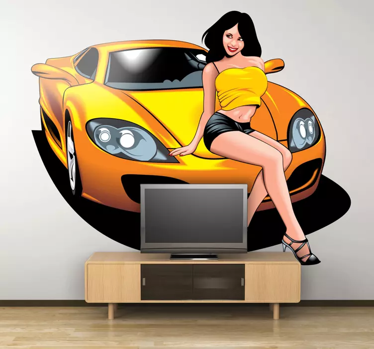 Pin up girl on sports car sticker - TenStickers