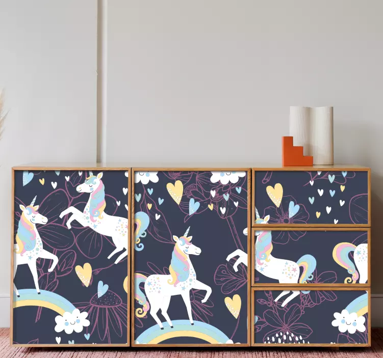 Růžový jednorožec květinový vzor nálepky na nábytek - TenStickers