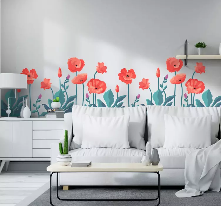 Tažené vlčí máky s motýly květinová samolepka - TenStickers