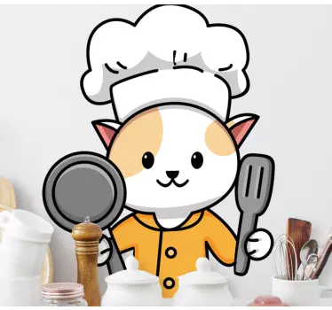Roztomilý kočka kuchař drží vidličku a lžíci psa nálepku - TenStickers