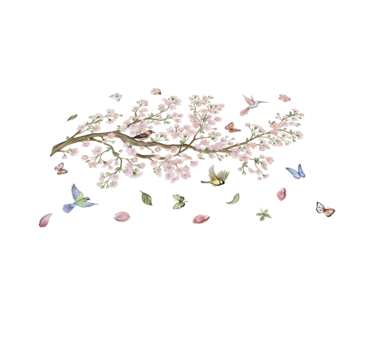 Vinylový koberec s květinami a rostlinami sakura s ptáky - TenStickers