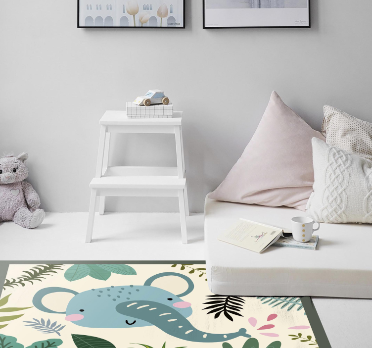 Dětský šťastný slon a rostliny dětský vinylový koberec - TenStickers