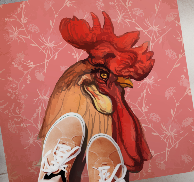 Hnědý kohout bílý květ hranatý vinylový koberec - TenStickers