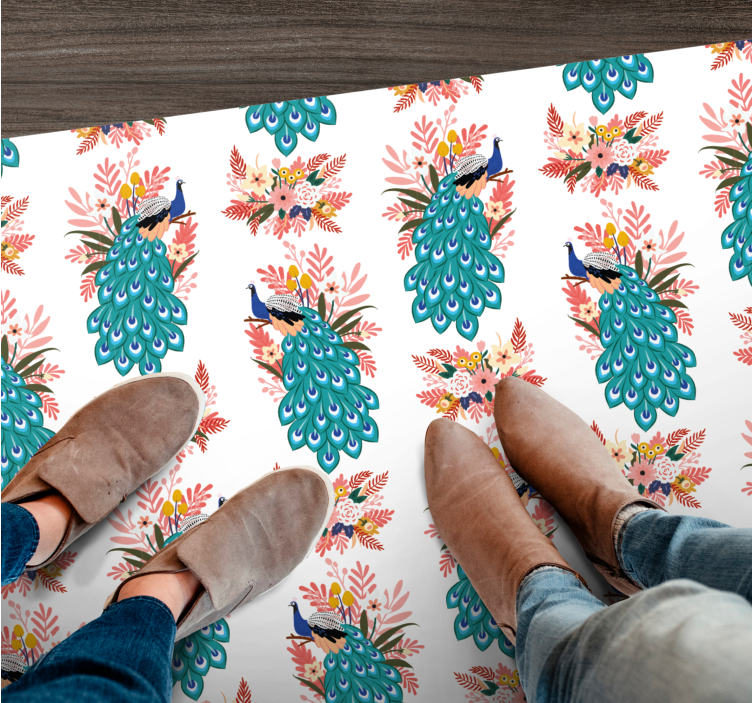 Květinový vzor páv Vinylový koberec s květinami a rostlinami - TenStickers