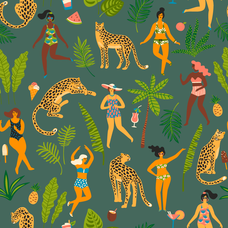 Zvířecí vinylový koberec s pozadím žen a leopardů - TenStickers