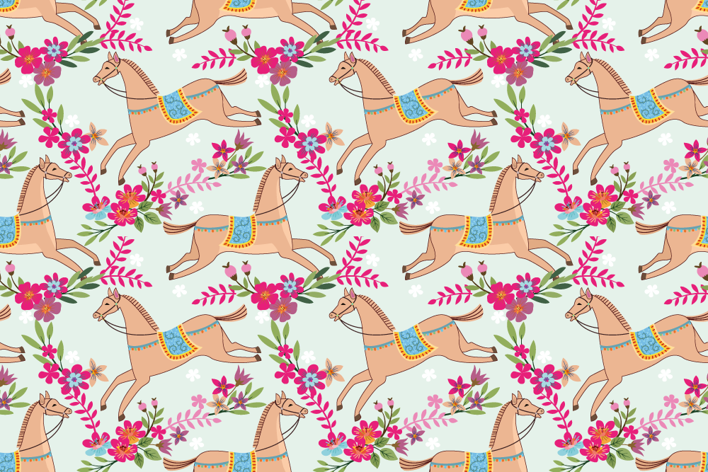 Zvířecí vinylový koberec s motivem růžových květin a koní - TenStickers
