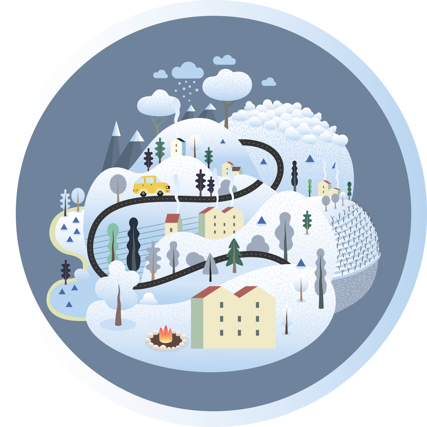 Vinylový koberec šedá vesnice s horami pro děti - TenStickers