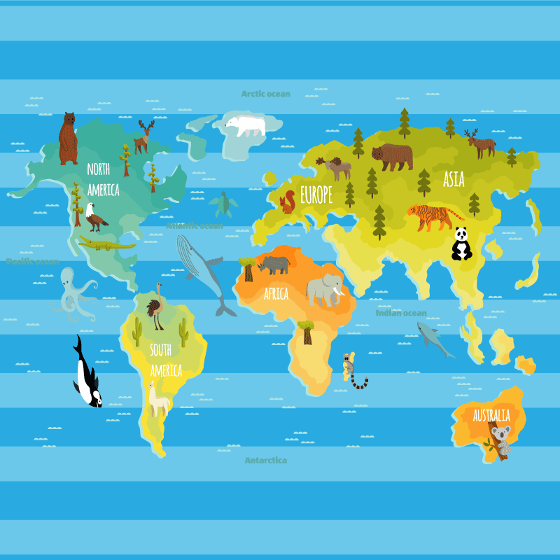 Modrá pruhovaná mapa Vinylový koberec z celého světa - TenStickers