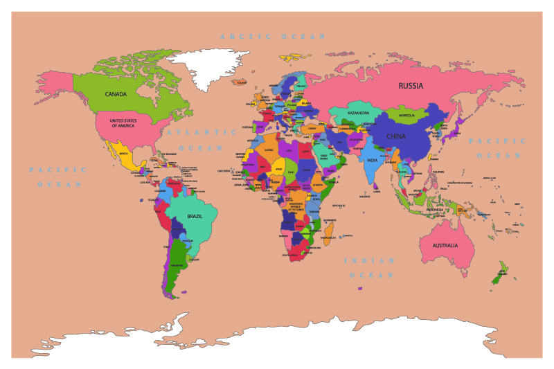 Hnědá barva s barevnými kontinenty na mapě kontinentů - TenStickers