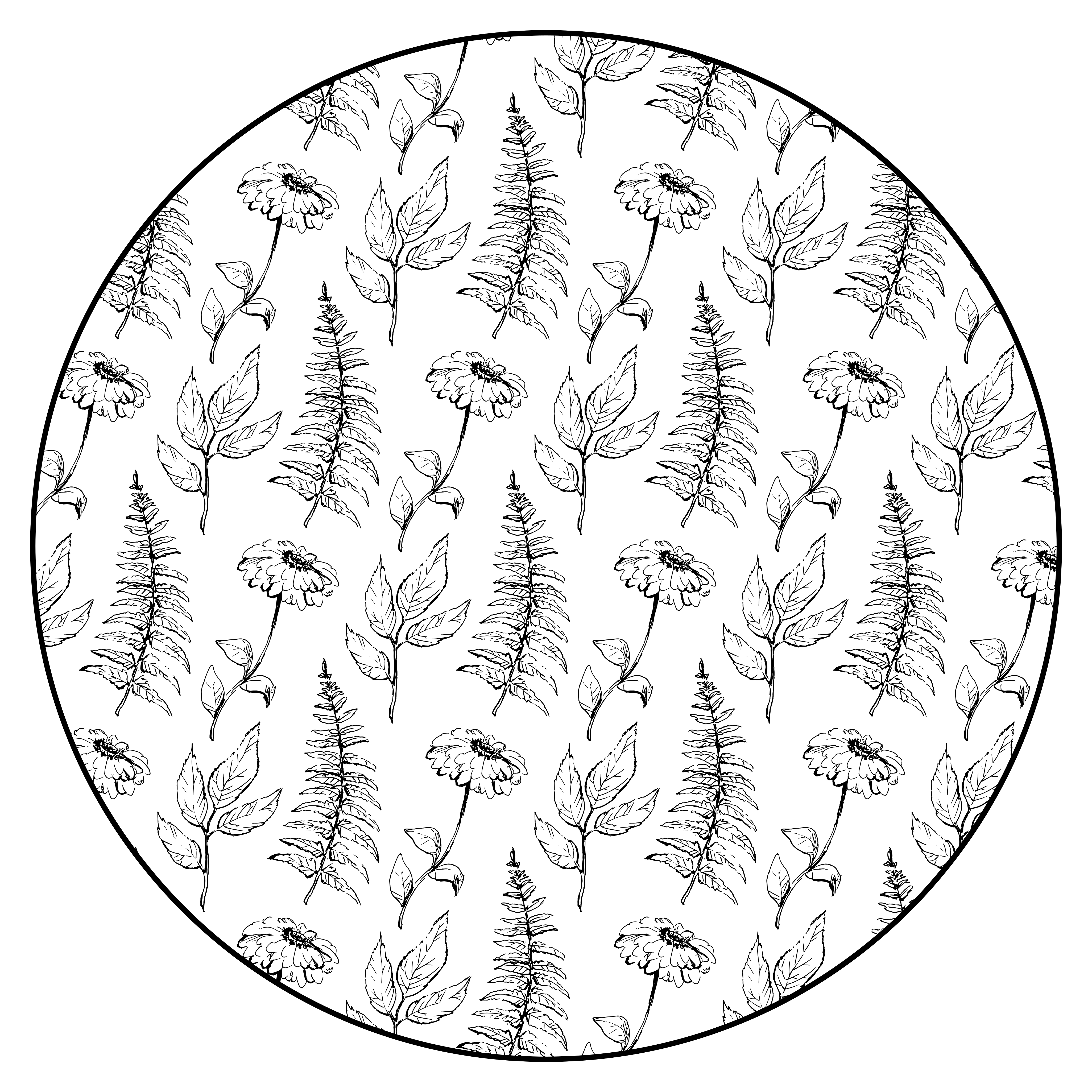 Květinový černý obrys Kulatý vinylový koberec - TenStickers