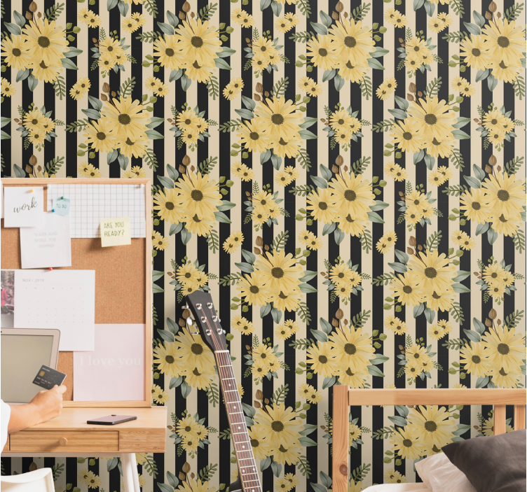 Pruhovaný slunečnicový vzor Květinový ornament tapeta - TenStickers